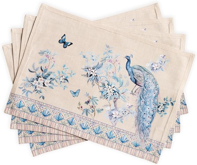 Maison d' Hermine Placemats Set of 4 Reusable 100% Combed Cotton (13"x19") | Cloth Place Mats Washable Table Mats for Kitchen Dining Hotel Home Restaurant Spring Summer - Peacock Utopia - Sandy Beach