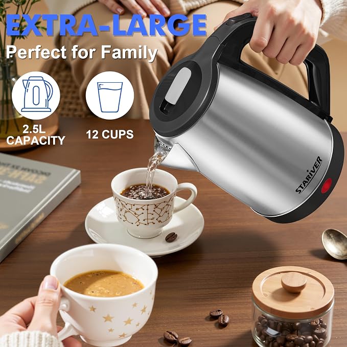Stariver 2.5L Large Electric Kettle, BPA-Free Stainless Steel Water Kettle | Fast Boil Electric Tea Kettle, Auto Shut-Off & Boil-Dry Protection, 10-12 Cups, Large Capacity for Family Use