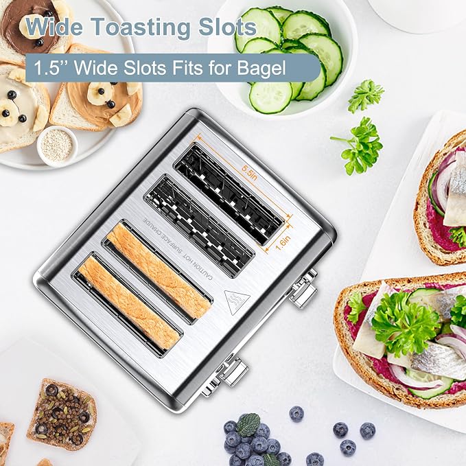 Toaster 4 Slice, KitchMix Bagel Stainless Toaster with LCD Timer, Extra Wide Slots, Dual Screen, Removal Crumb Tray (Stinless steel)