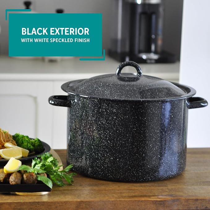 MIRRO 7.75 Qt Enamel Stock Pot for Canning, Black | Smooth Glass Enamel Coating, Perfect for Soups and Stews