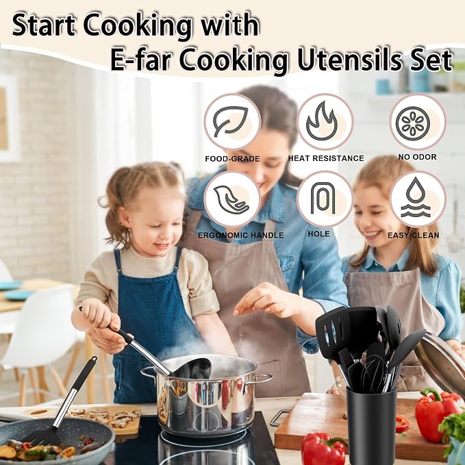E-far Kitchen Utensils Set, 14-Piece Black Silicone Cooking Utensils Set | Heat Resistant, Kitchen Tools Spatulas with Stainless Steel Handle, Non-stick Cookware with Holder, Dishwasher safe
