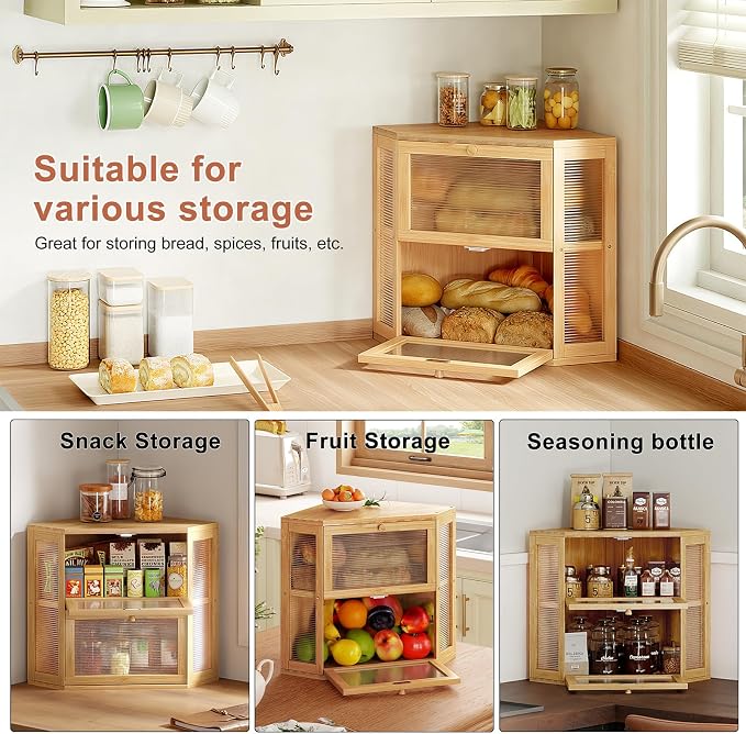 WOWLIVE Double Layer Corner Bread Box for Kitchen Countertop with 2 Doors | Bamboo Bread Storage Container, Large Farmhouse Breadbox with Acrylic Wavy Door, Under Cabinet Organizer, Natural, Medium