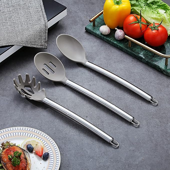 38 Piece Silicone kitchen Cooking Utensils Set with Utensil Rack, Silicone Head and Stainless Steel Handle Cookware, Kitchen Tools for Utensil Sets, Non-Stick kitchen Gadgets, Dishwasher Safe(Silver)