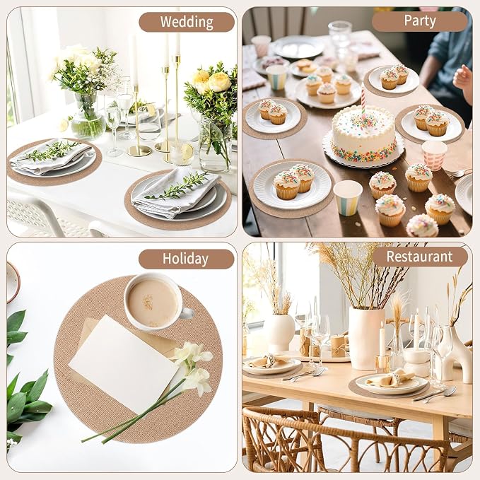50 Pcs 11.8 Inch Burlap Round Placemats Bulk, Natural Table Mats | Jute Fiber Placemats, Heat Resistant Non Slip, Holiday Weddings Birthday Party, Kitchen Dining Table Decorations