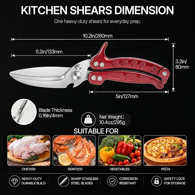 Kitchen Scissors All Purpose Heavy Duty, Stainless Steel Heavy Duty Kitchen Shears for Bone, Poultry, Chicken, Vegetable, Meat & Seafood Cooking Food Scissors With Safety Spring Lock
