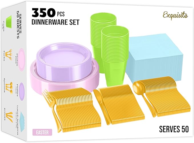 Party Solids 350 Pieces Easter Plates For Party, Easter Disposable Plates Set, 50 Of Each 9" Dinner Plate Set, 7" Dessert Plate, Cups, Napkins & Cutlery Plastic Dinnerware Set