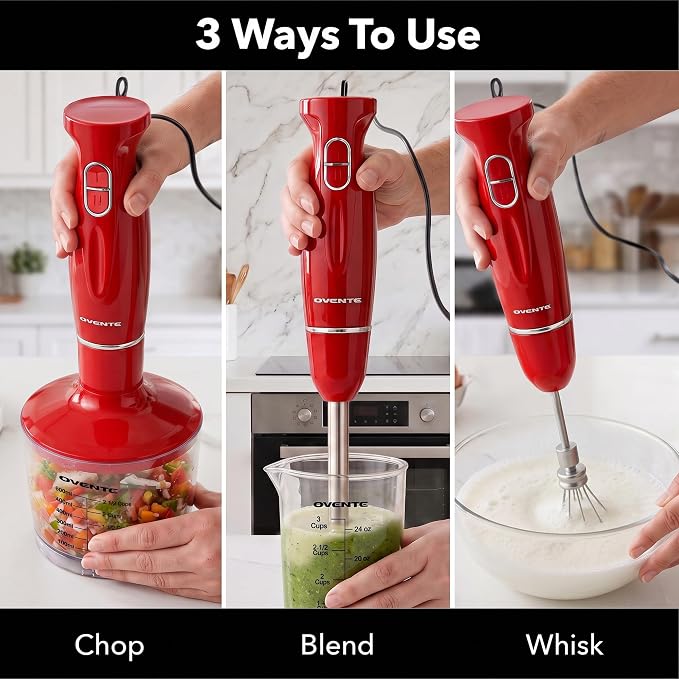 OVENTE Electric Hand Blender Set with 2 Mixing Speeds, 300W Red HS565R | Corded Immersion Handheld Stick Mixer with Stainless Steel Blades, Egg Whisk, Beaker & BPA-Free Food Chopper