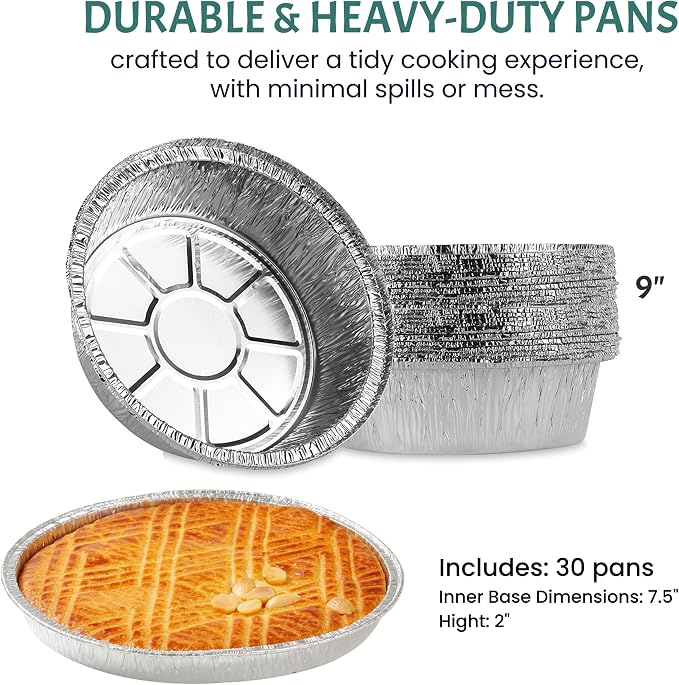 Round Disposable Aluminum Pie Pans (30 Pack) - 9 Inch Disposable Pie Pans - Round Aluminum Foil Pans For Baking, Grilling, Cooking, Storing, Prepping