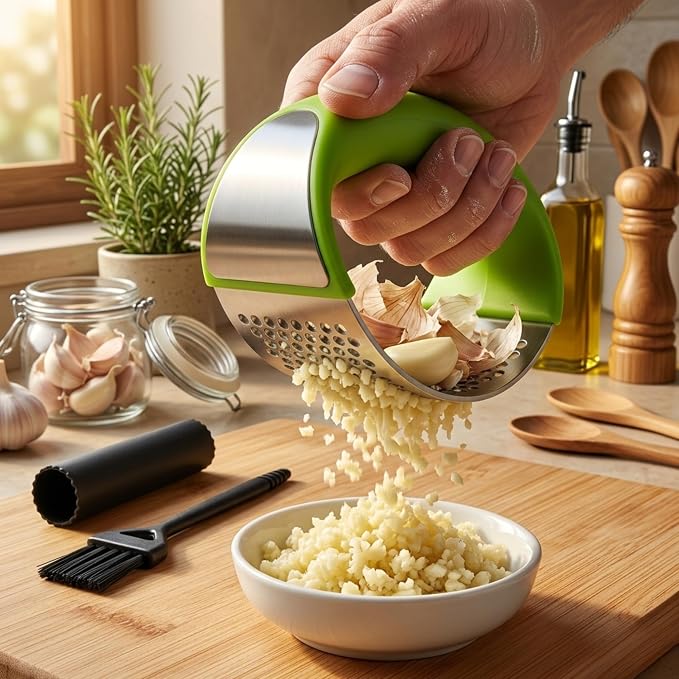 Angel's Peel Lounge Stainless Steel Garlic Press Rocker Set with Silicone Garlic Peeler & Cleaning Brush – Garlic Chopper, Mincer, Grater, Crusher – Easy for Crushed Cloves – Rust-Resistant, Green