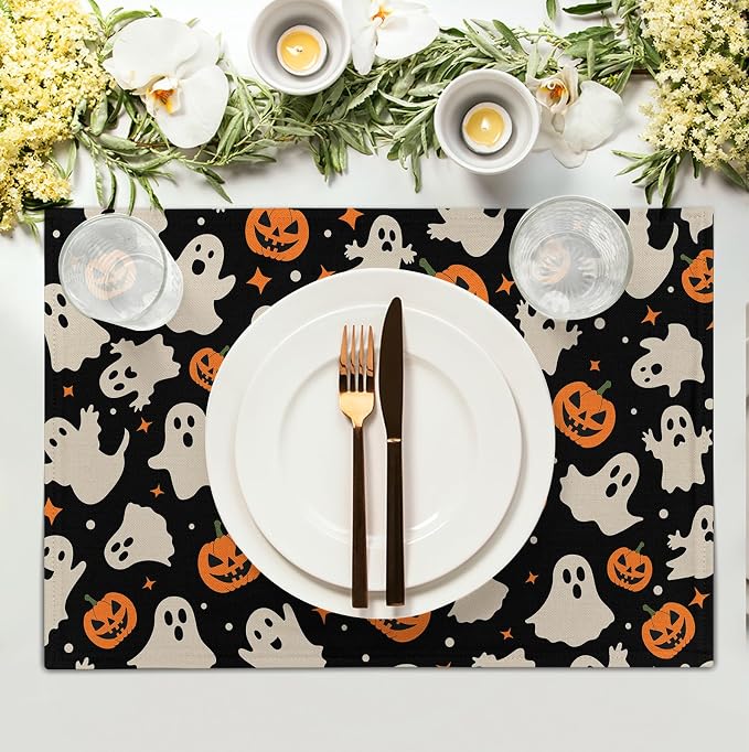 Halloween Placemats Set of 4 12x18 Inch Cute Ghost Pumpkin Table Mats Orange and Black Spooky Rustic Farmhouse Place Mat for Party Kitchen Dining Fall Decor