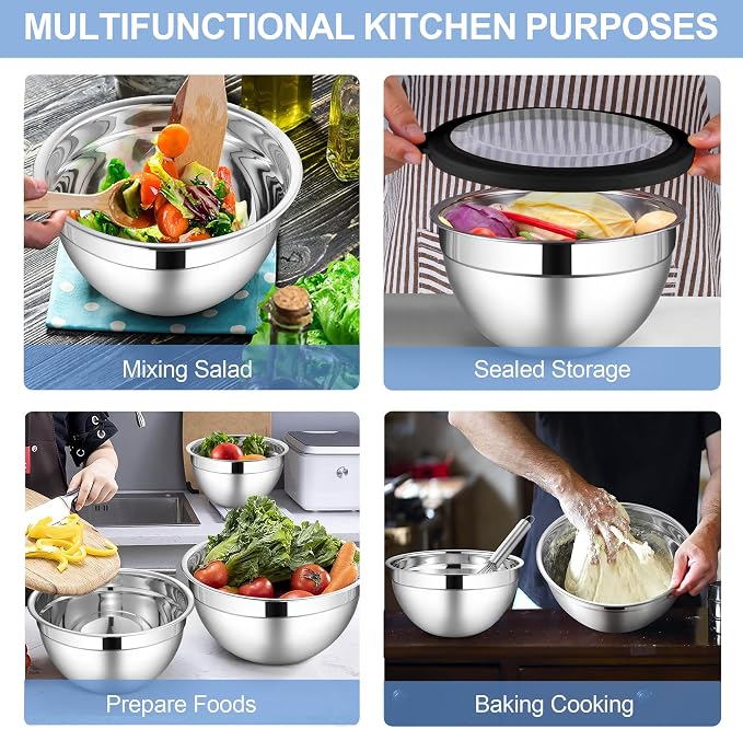 LIANYU Stainless Steel Mixing Bowls Set, Large 7, 3.5, 2.5, 2, 1.5, 1QT | 6 PCS Metal Nesting Bowls with Transparent Airtight Lids, Serving Bowl Set for Home Kitchen, Dishwasher & Freezer Safe, Black