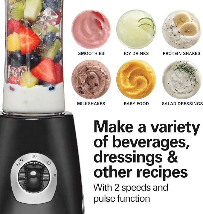 Hamilton Beach Go Sport Portable Blender For Smoothies | 20 oz. Personal Blender Jar | 600 Watt Motor & Stainless Steel Blades For Powerful Blending Performance | Black | 51143G