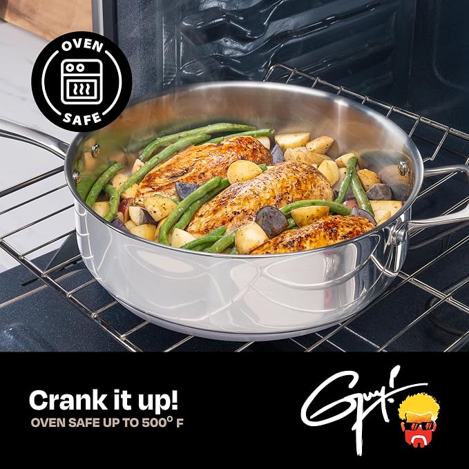 Guy Fieri's Flavortown 5 Qt Stainless Steel Sautepan with Lid | Premium Three-Layer Base Cookware, Oven-Safe up to 500F