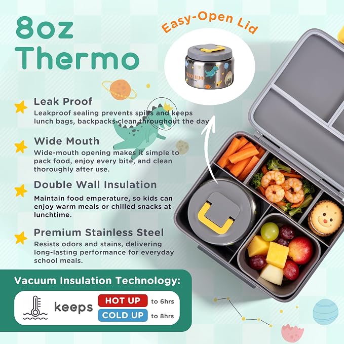 Kids Bento Lunch Box with 8oz Thermo, Ice Pack & Dividers for School | Food Container 5 Compartments,Insulated Food Jar,Keep Warm&Cold,Removable Dividers,Leak-Resistant,BPA-Free,Easy to Clean