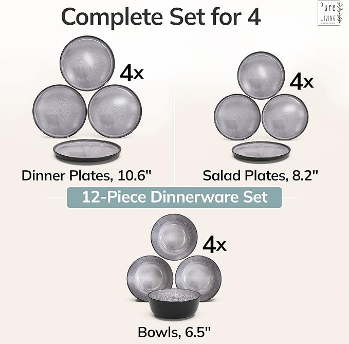 12 Piece Stoneware Dinnerware Set for 4 - Handmade Reactive Glaze Plates and Bowls Set - Chip & Scratch Resistant Dish Set - Dishwasher Microwave Safe - Dark Gray | Award Winning, Handmade Reactive Glaze Dishes, Dishwasher & Microwave Safe, Chip & Scra...