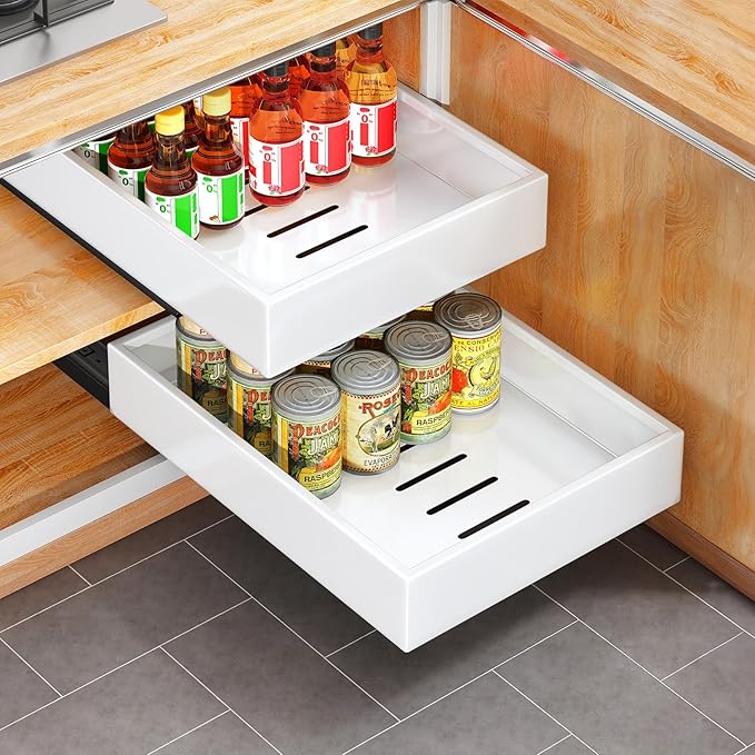 Pull out Cabinet Organizer, 21"Deep, 11.8"Wide Full-Extension Heavy Duty Slide out Drawers with Nano Adhesive, Roll Out Shelves Sliding Cabinet for Kitchen, Bathroom, Pantry,Under Sink Storage(White)