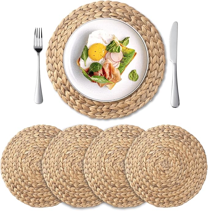 Round Woven Placemats Set of 4, Natural Water Hyacinth Place Mats, Boho Wicker Placemats, Table Mats for Dining Table (13.8 inch) by YANGQIHOME