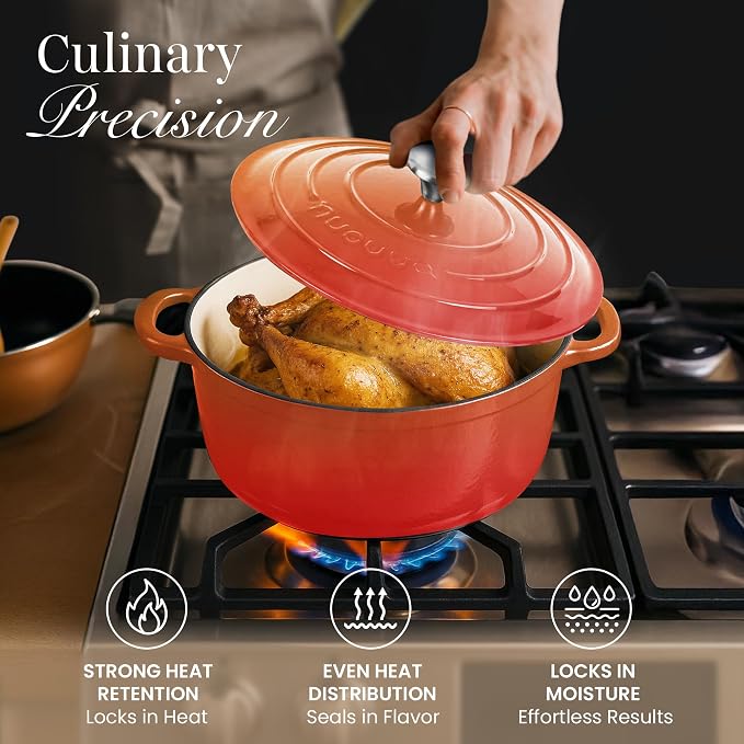 Cast Iron Dutch Oven with Lid-Non-Stick Ovenproof Enamelled Casserole Pot- Sturdy Dutch Oven Cookware - Orange, 7.3- Quart, 30cm- by Nuovva