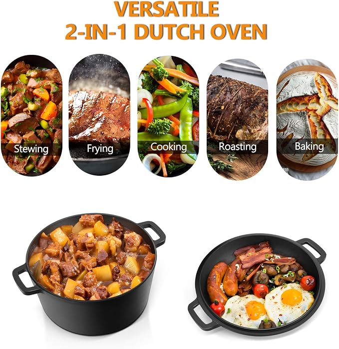 P&P CHEF 2 In 1 Black Dutch Oven Pot with Lid for Bread Baking, 5Qt | Cast Iron Bread Dutch Oven, Skillet & Pot for Roasting Braising Stewing Frying Simmering, Multi Stoves & Oven Safe