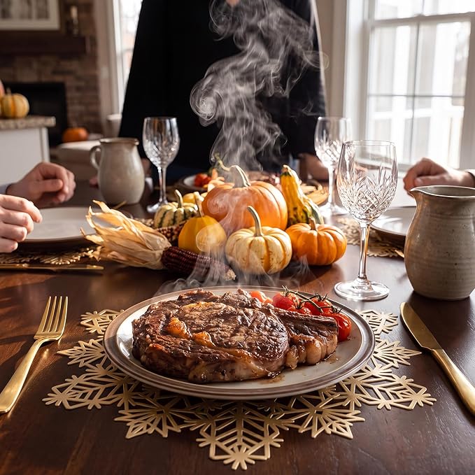 ADRIMER Snowflake Placemats Set of 12, Gold Vinyl Table Mats 15 Inch | Easy to Clean Placemat, Heat Resistant Hollow Wipeable Table Placemats for Thanksgiving Christmas Wedding Holiday Decor