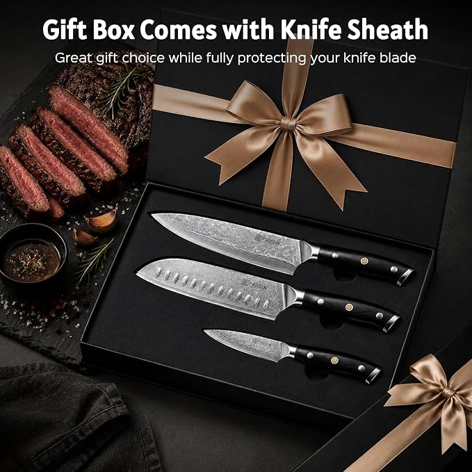 PAUDIN Damascus Knife Set 3 PCS, Japanese VG10 Steel Core, Ultra Sharp Chef Knife Set, Full Tang G10 Handle, Damascus Kitchen Knives | 67-Layer Forged Kitchen Knife Set, Japanese VG10 Steel Core, Full Tang G10 Handle
