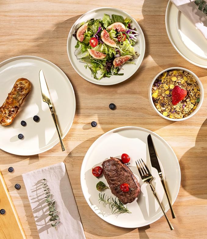 Ceramic Dinnerware Set for 8, 24-Piece Plates and Bowls Set | Lightweight Porcelain Dish Set, Scratch Resistant, Oven & Microwave & Dishwasher Safe, Beige