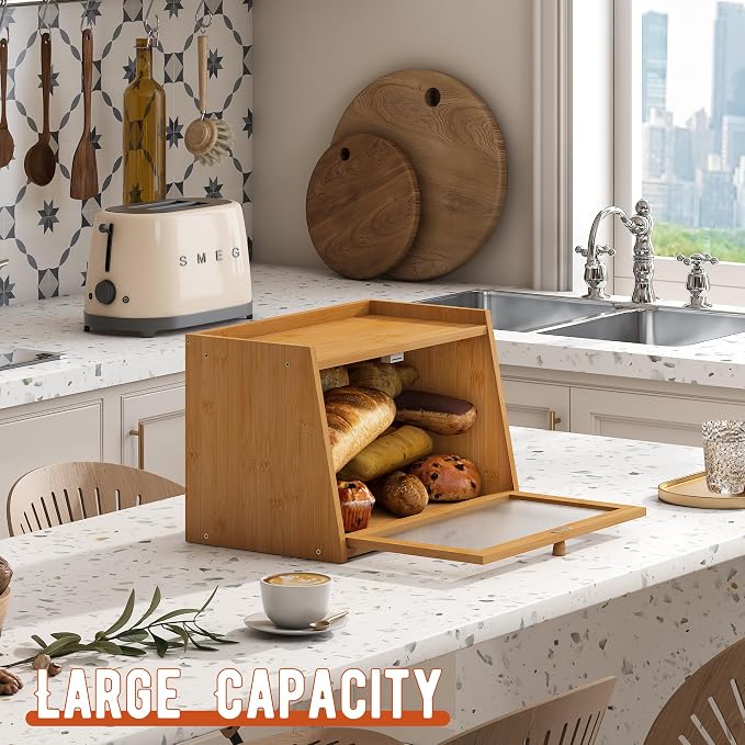 GHWIE Large Bread Box, Easy Access & Cleaning - Bamboo Bread Box for Kitchen Countertop with Acrylic Door (Natural, Medium)