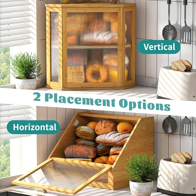 Corner Bread Box, Large Bamboo Bread Box for Kitchen Countertop, 2 Tier Wooden Bread Storage (Natural, Large)