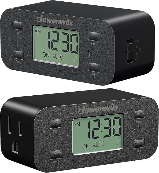 DEWENWILS Indoor 24 Hour Programmable Digital Timer Outlet, 1 Outlet,2 Pack | 3 On/Off Programs,125V/15A, 1/2 HP, 3 Prong Light Timer for Lamp,Aquarium, Christmas Decorations, Reptile Tanks,Black