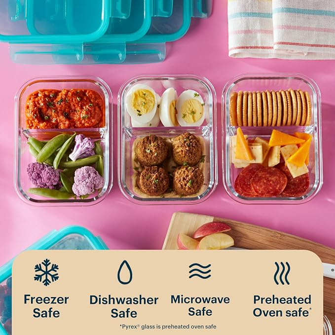 Pyrex Glass Meal Box (5-Pack, 2.3 Cup) Divided Compartments, Locking Lids | For meal prepping and portioning, BPA-Free, microwave & dishwasher safe
