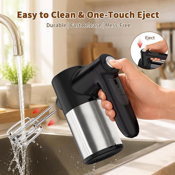 binROC Cordless Electric Hand Mixer, 7-Speed with Storage Base, Black | Rechargeable, Eject Button, Long Battery, Quiet Anti-Splash, 6×304 Stainless Attachments, Self-Stand for Cake, Dough Baking