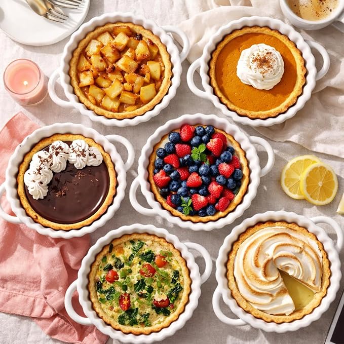 6in Ceramic Mini Pie Pan Set of 6 with Handles for Pie Quiche Tart. Easy to grip, Lead-Free. 10 oz Ramekins Dish for Creme Brulee, Soufflés; Gifts for Baking Enthusiast. Oven Dishwasher Safe