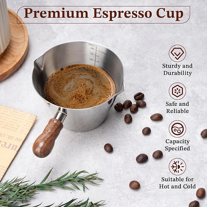 Amrules Espresso Cup, 6.8 oz/200 ml Stainless Steel Coffee Shot Measuring Cup with Wood Handle, Double V-Shaped Mouth and Clear Scale for Cappuccino Barista Coffee Bar Accessories, Silver
