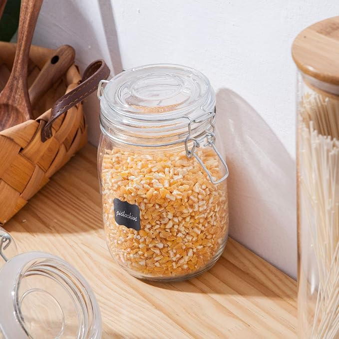 Flrolove 32oz Set of 4 Glass Kitchen Storage Canister Mason Jars with Lids | Airtight Glass Canister with Hinged Lid, Perfect for Kitchen Canning Cereal, Pasta, Sugar, Coffee Beans, Label & Chalk Marker