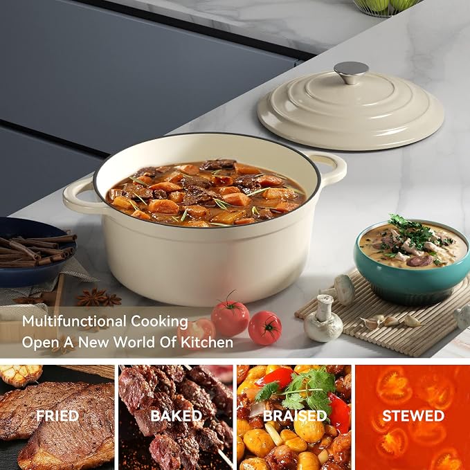 Miereirl 4.5 Quart Enameled Dutch Oven Pot with Lid, Cast Iron Dutch Oven with Dual Handles for Bread Baking, Cooking, Non-stick Enamel Coated Cookware (Beige)