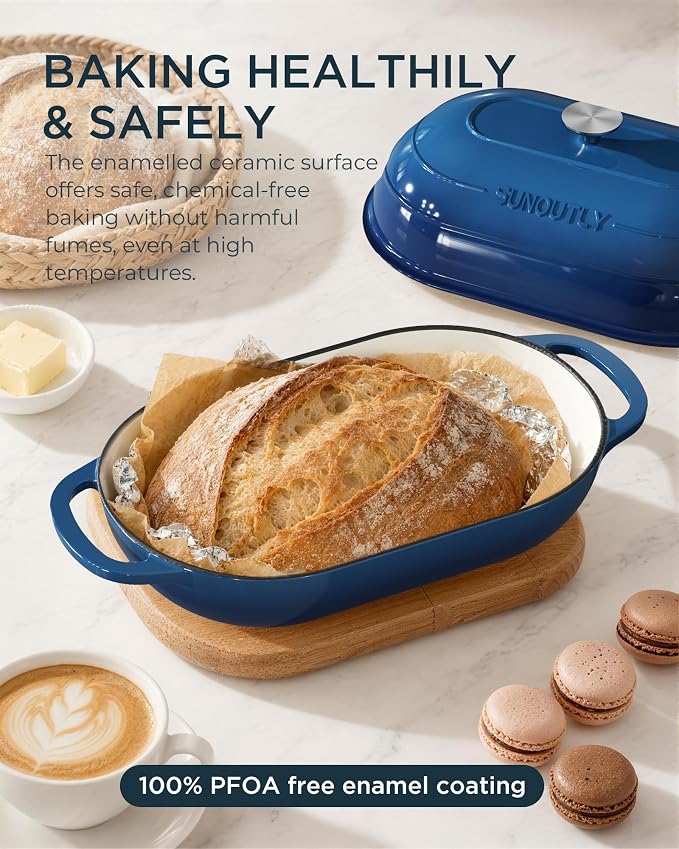 Enameled Cast Iron Bread Oven, 5QT Cast Iron Dutch Oven for Homemade Sourdough Bread Baking, Oval Bread Pot with Dome Lid & Cotton Potholders, Navy Blue