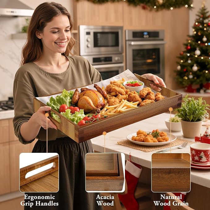 Serving Trays - 2 Pack, Large | Acacia Wood Serving Platters with Ergonomic Handles, Versatile Rustic Decorative Trays for Breakfast, Brunch, Dinner