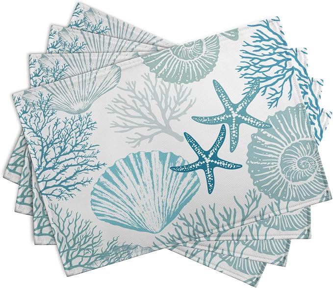 Nautical Coastal Blue Placemats Set of 4 Summer Teal Turquoise Beach Theme Linen Table Mats Ocean Coral Seashell Starfish Decorative Place Mats for Party Kitchen Dining Outdoor Indoor Decor
