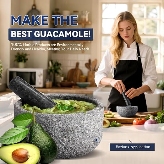 Granite Mortar and Pestle Set, 6.3"-2 Cups Unpolishesd Stone Grinder Bowl for Guacamole, Salsa, Pill Crusher, Spice, Herb, Garlic, Nut, Heavy Duty Grinder for Kitchen(Angola Silver Black)