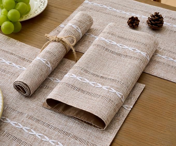 Wracra Cotton Linen Place Mats, Brown Embroidered Placemats Set of 6 | Placemats 12 x 18 Inch; Cotton Linen Woven Fabric; Heat Resistant Table Mats; Raised Embroidered Hollow Design