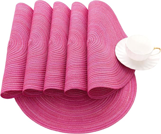 SHACOS Round Placemats Set of 4 Round Table Placemats Braided Cotton Place Mats 15 inch for Kitchen Dining Table Holiday Party (Hot Pink, 4)