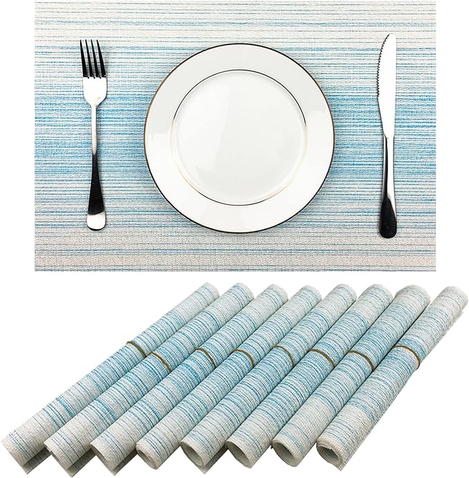 WAZAIGUR Placemats Set of 8, Woven Vinyl Table Placemats, Blue with White | Placemat, Blending Color Durable Washable Place Mats Indoor Outdoor Heat-Resistant Anti-Skid Kitchen Dining Table Mats