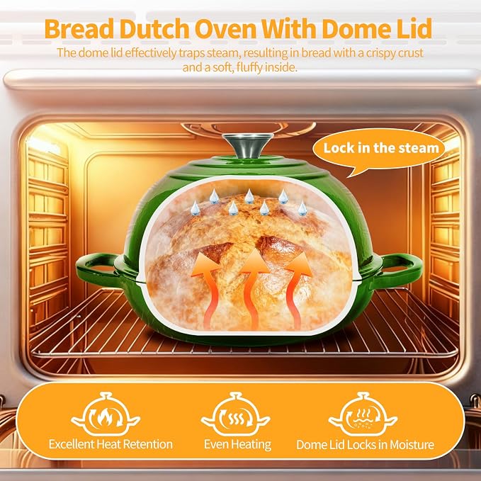 6QT Enameled Cast Iron Green Dutch Oven For Sourdough Bread Baking | Dutch Oven Pot With Lid,Non-stick Sourdough Baking Pan with Bread Dome,Round Ceramic Dutch Oven Pot for Homemade