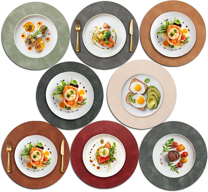 UnivoColors Placemats Round Faux Leather Placemats Set of 8-Waterproof-Wipe Clean-Heat Resistant-Anti Slip Dining Table Place Mats,Suitable for Indoor & Outdoor Use,15".(Retro 8 Colors Combination)