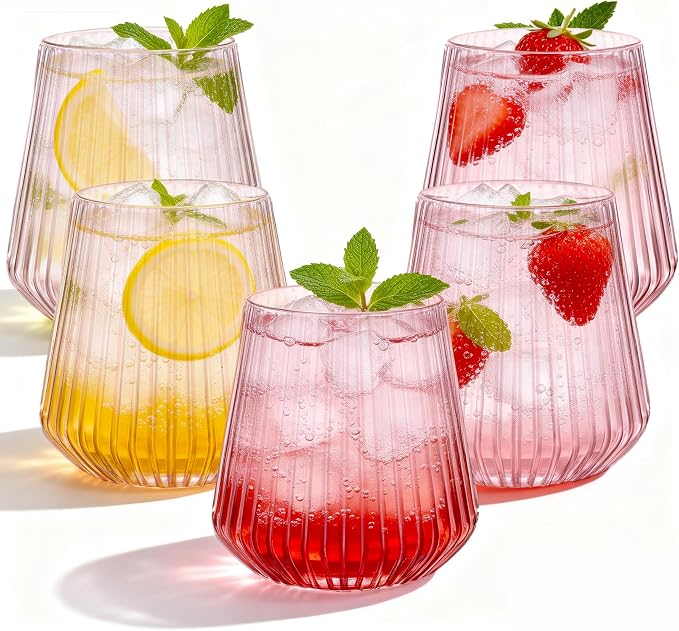N9R 24PCS Pink Plastic Wine Glasses Disposable, 14 oz Cocktail & Spritz | Pink Clear Stemless Champagne/Whiskey/Drinking Cups, Fancy Origami Ripple, for Parties, Weddings, Pool and Bar