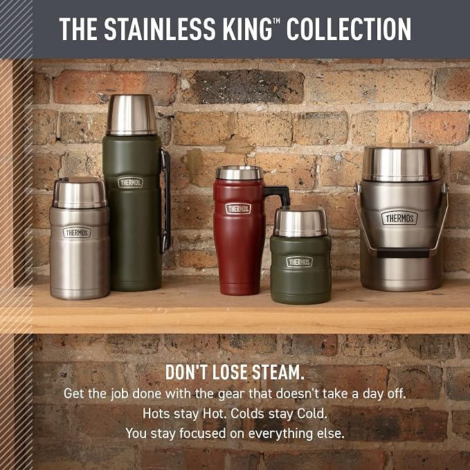 THERMOS Stainless King Travel Mug with Handle, 16oz, Army Green | Vacuum-Insulated Travel Mug with Handle for Hot & Cold Drinks, Stainless Steel Coffee Mug with Lid for Commuting