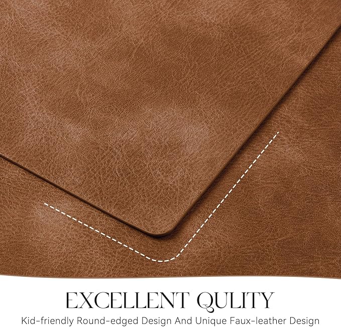 MOSAYT Vinyl Placemats Set of 12-12 X 17 Inch - Faux Leather 100% Waterproof Oil-Proof Wipeable PU Place Mats, Heat Resistant Reversible Table Mats for Kitchen, Dining, Outdoor, Reddish Brown