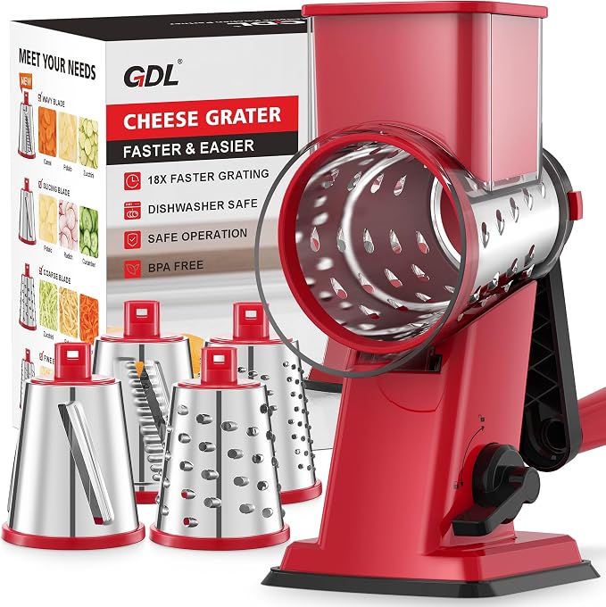 GDL Upgraded Cheese Grater Shredder Hand Crank, Vegetable Slicer, 4 Blades | 18x Faster Cutting, Stronger Suction Base, No BPA, Stainless Steel Blade, Dishwasher Safe, For Cheese & Veggies & Nuts