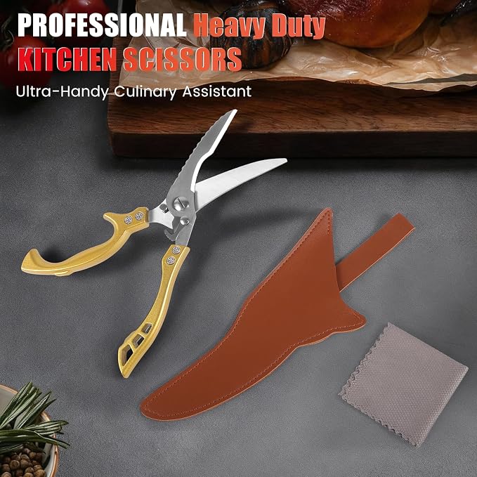 ANDONG Heavy Duty Kitchen Poultry Shears,Protective Sheath&Cleaning Cloth | Ultra-Sharp Stainless Blades,Serrated Edge, Spring Loaded, Dishwasher Safe,Cutting Food Cooking Meat Poultry Kitchen Utensils