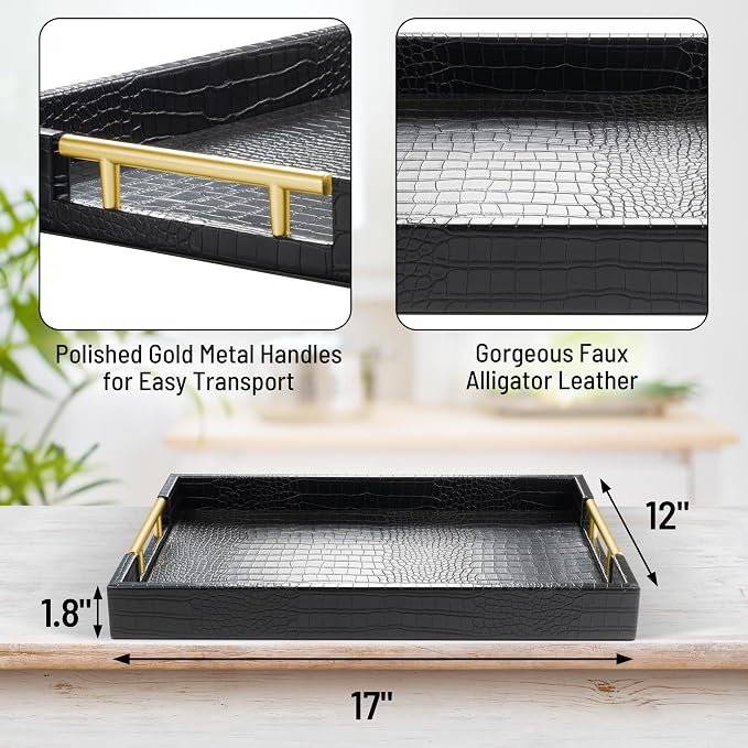 ATZYmolin 17"x12" Leather Serving Tray, Gold Handle Vanity Platter, Black | Rectangle Ottoman Decor Tray, Polished Metal Handles, Coffee Table Bathroom Home Decorative Wood Tray